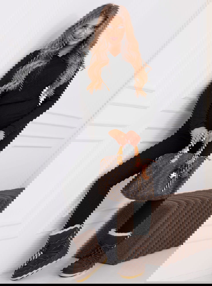 Czarny prążkowany komplet spodnie i...