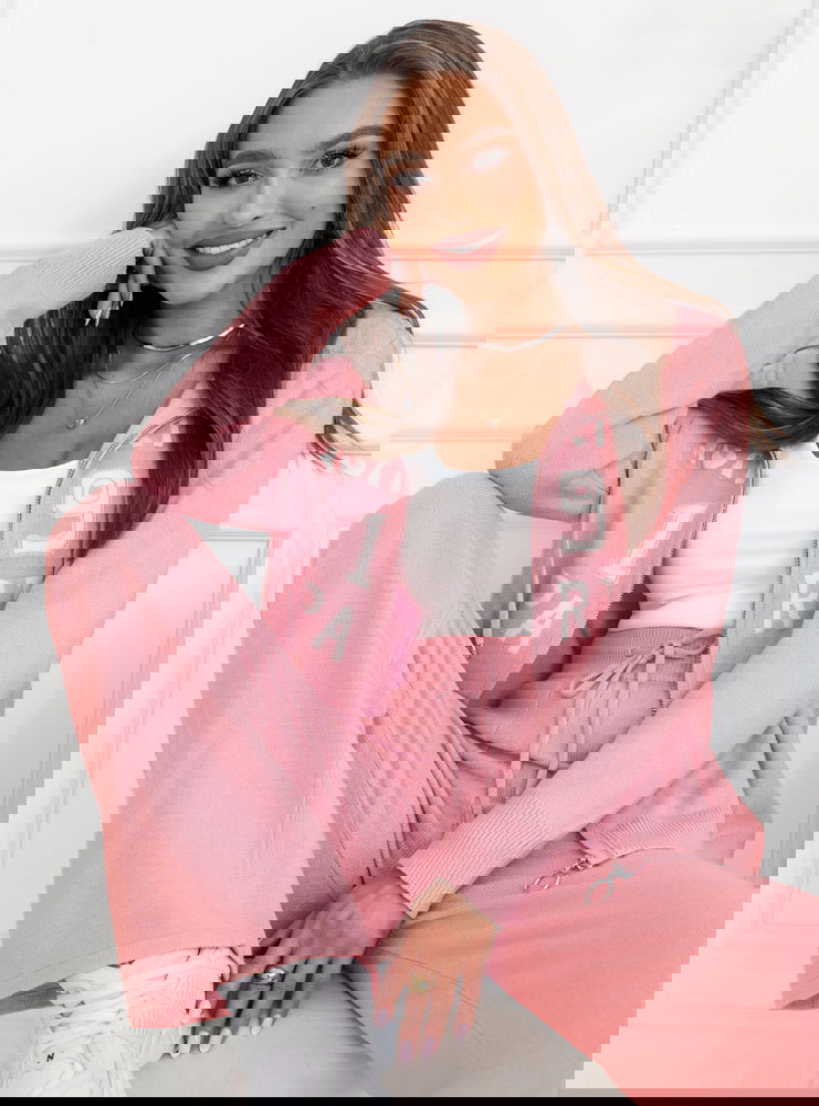 Pudrowy dzianinowy komplet bluza +...