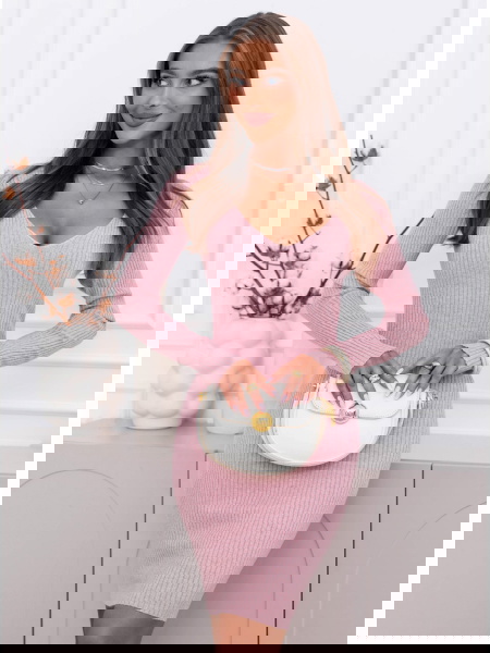 Pudrowa prążkowana sukienka... 2