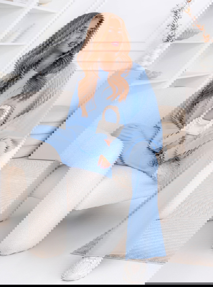 Błękitny komplet bluzka i spodnie typu dzwony Laryssa