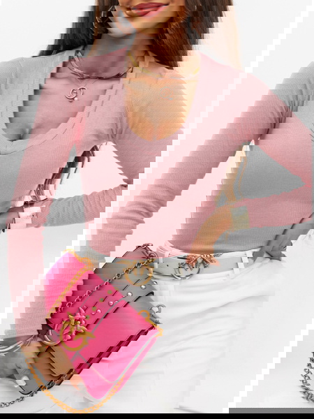 Pudrowa prążkowana bluzka z...