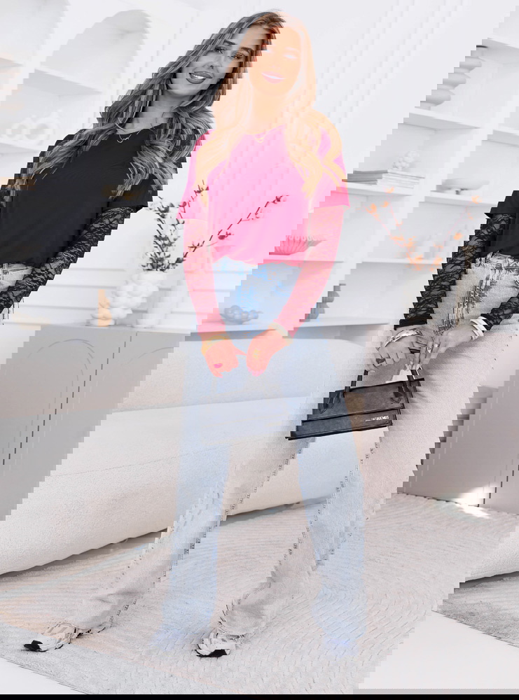 Bordowa bluzka z koronkowymi rękawami...