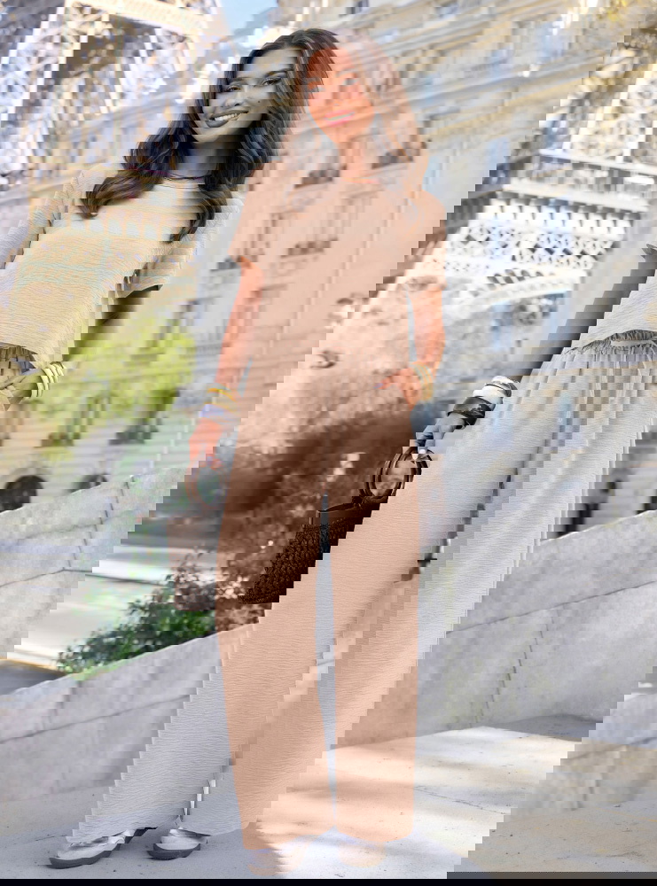 Beżowy komplet bluzka z krótkim...