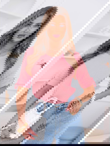 Pudrowa prążkowana bluzka z... 2