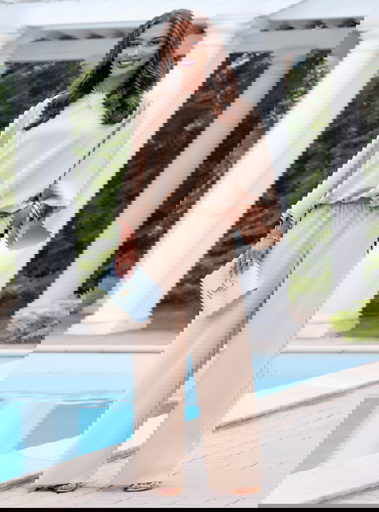 Jasnobeżowy komplet bluzka oversize i...