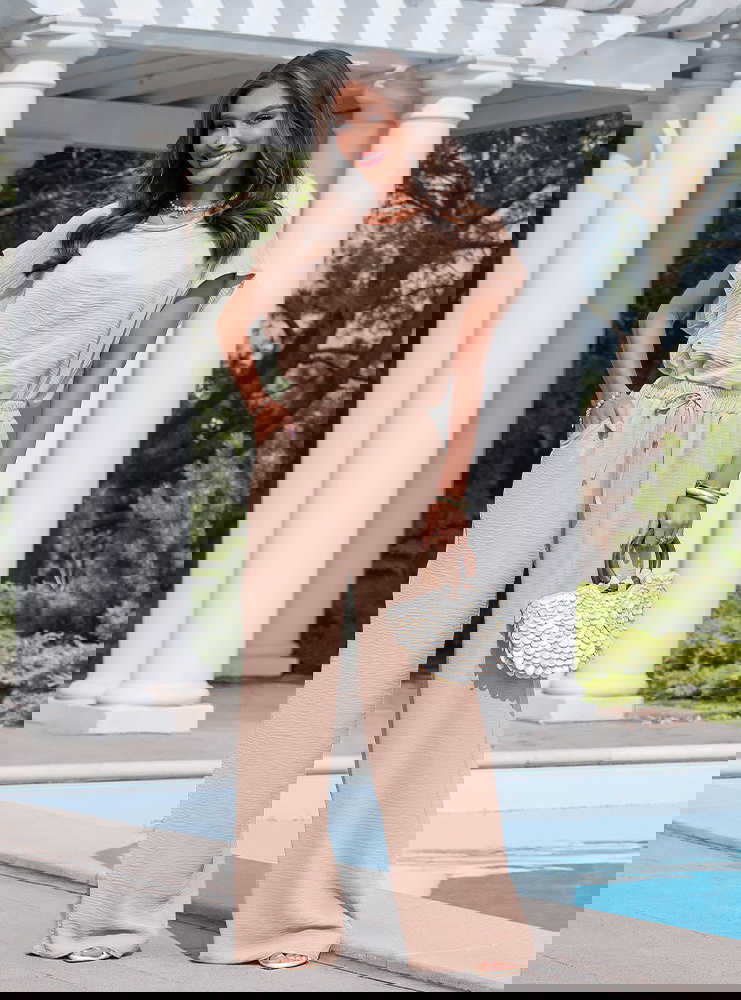 Beżowy komplet bluzka z krótkim...