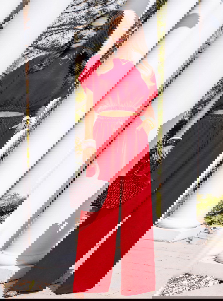 Malinowy komplet bluzka i szerokie...