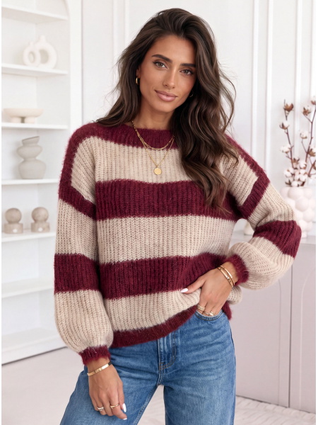 Bordowy sweter w paski z...