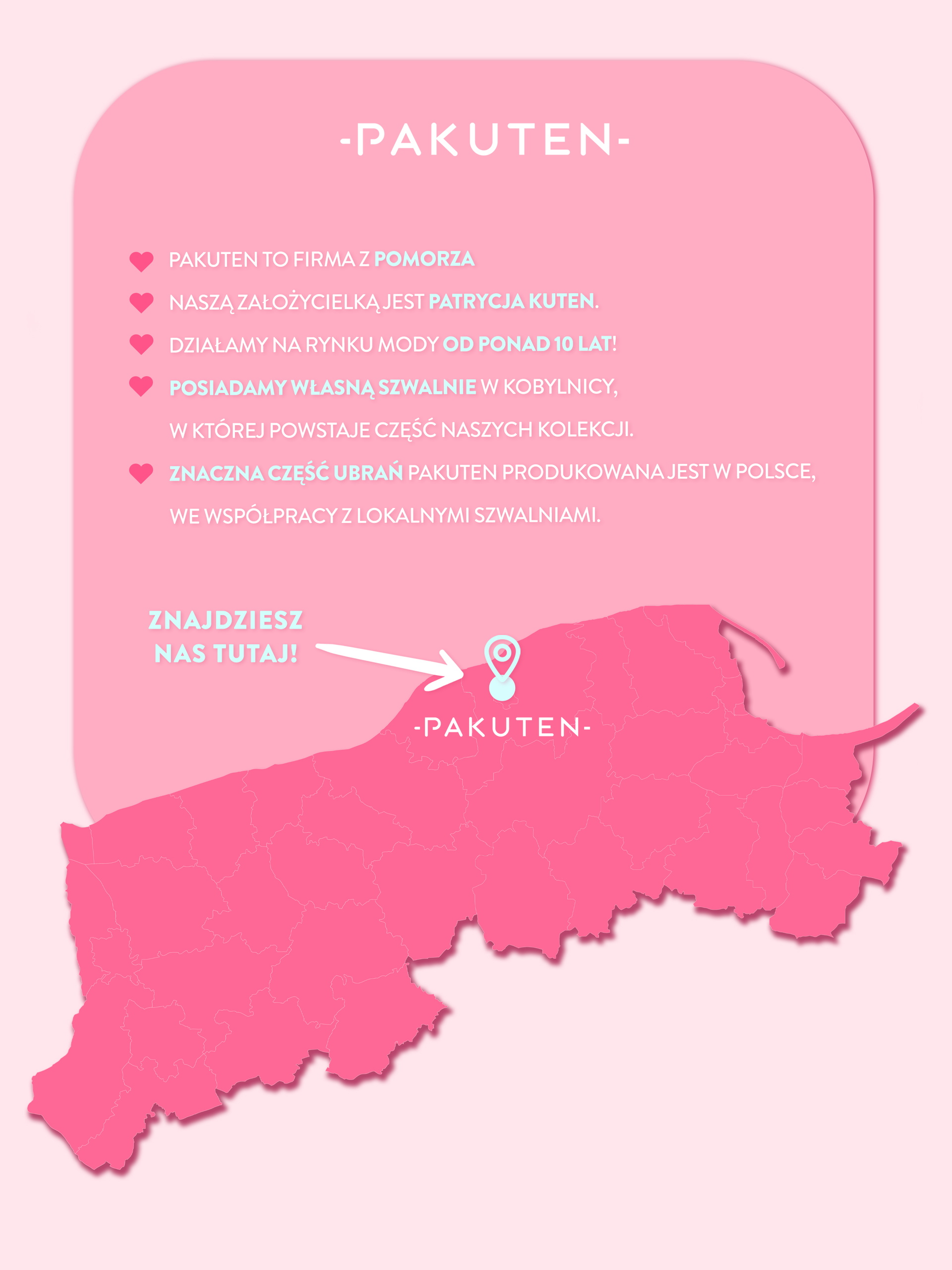 Pakuten, to polska firma z pomorza. Naszą założycielką jest Patrycja Kuten. Z sukcesem działamy w branży od 2015 roku. Posiadamy własne szwalnie w słupsku! 80% naszych ubrań produkowana jest w Polsce.